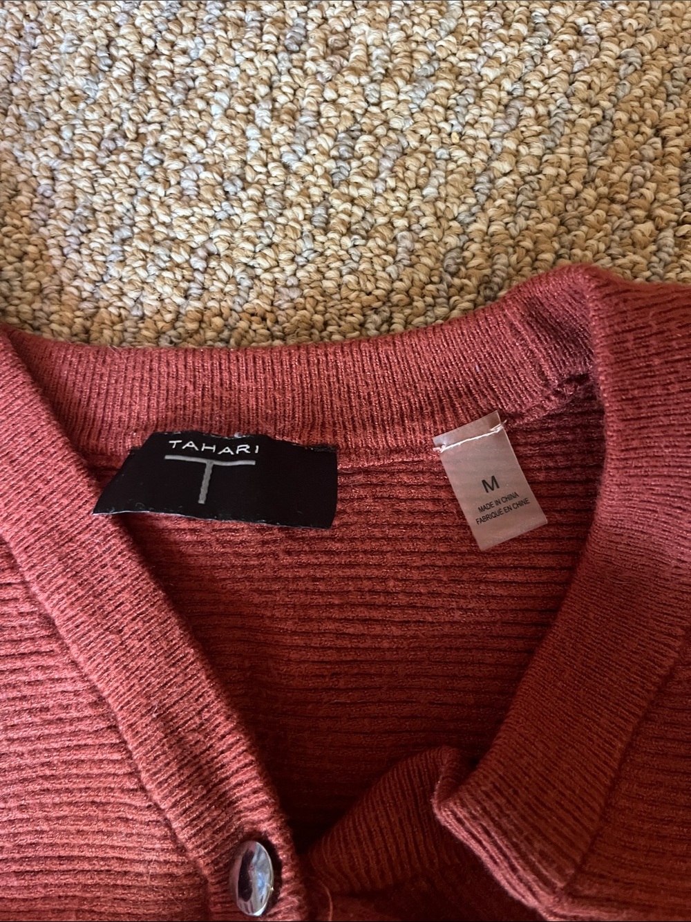 Tahari~ Button-Front Rust Red Ribbed Knit Sweater - Picture 2 of 3
